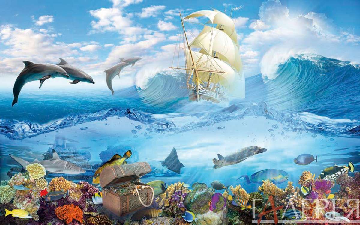 Детские, Тинейджеры, подводный мир, море, под водой, сундук, сокровища, рыбки, дельфины, акулы, корабль, парусник