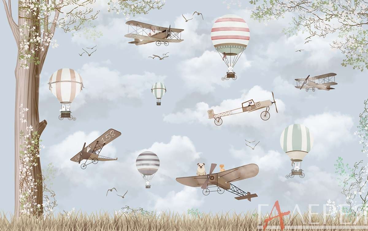 воздушные шары, шары в небе, зверята на шарах, собаки на самолетах, самолеты