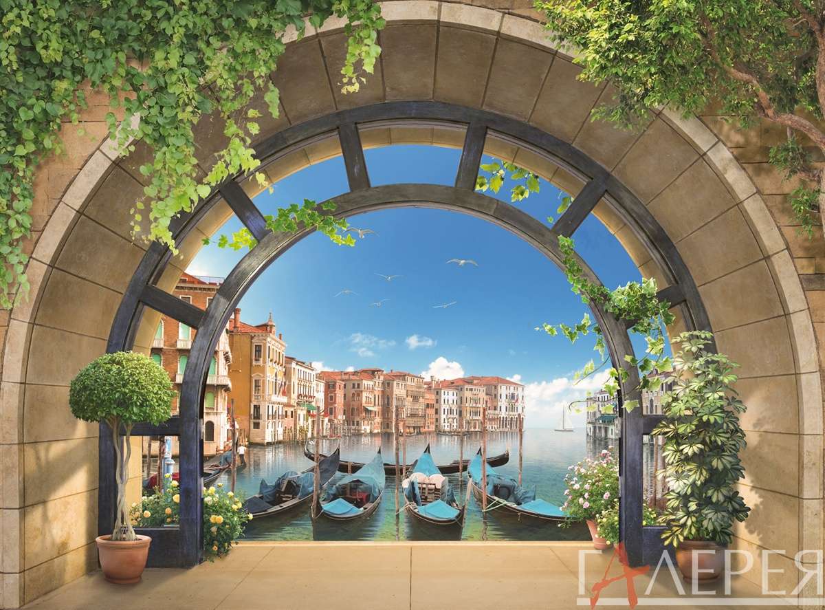 окна, 3D обои, арка, окно, Венеция, каноэ, лодки, канал, 3d