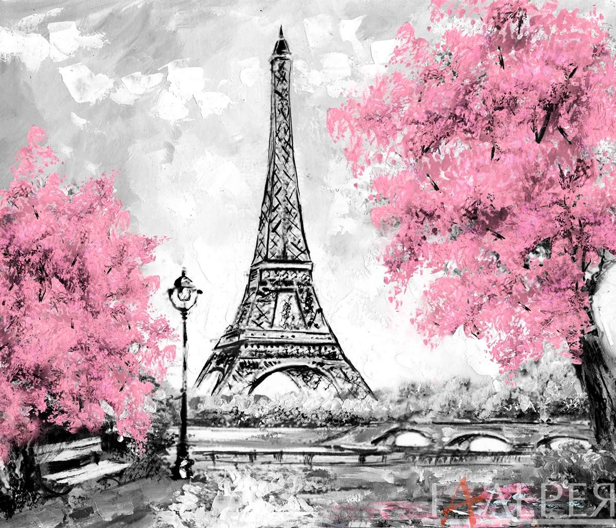 Париж, эйфелева башня, скамейка, фонарь, дерево