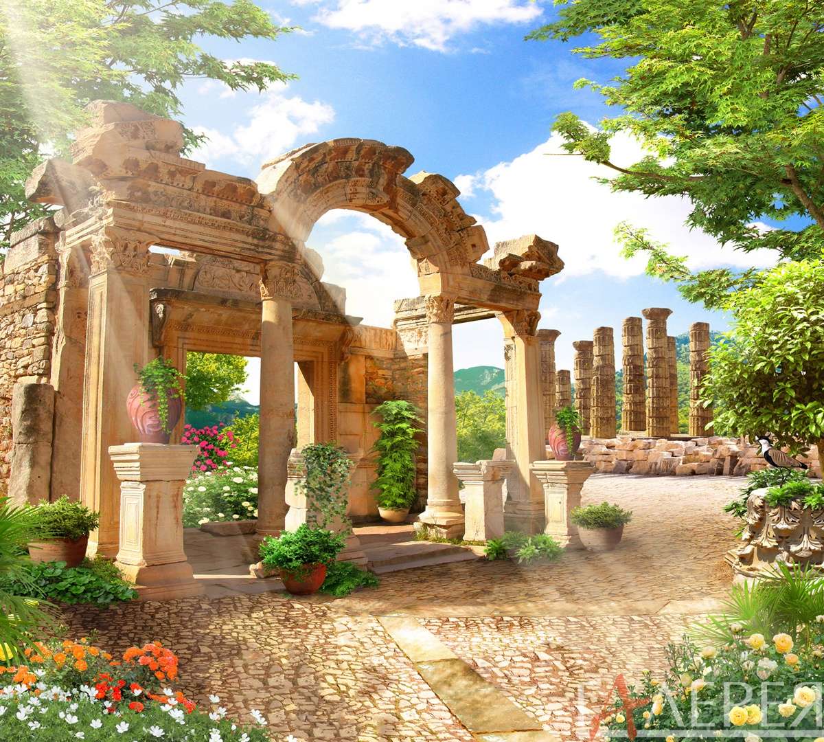 руины, колонны, цветущие растения, античность