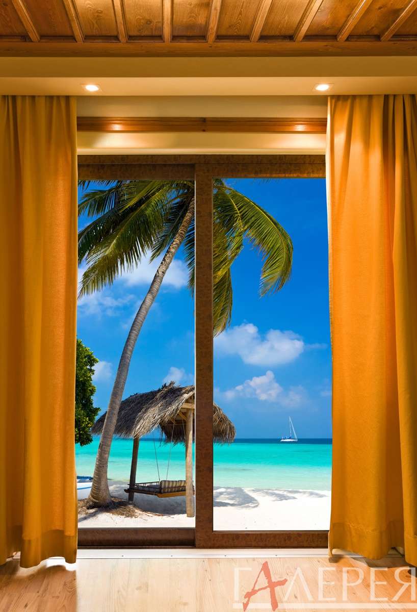 Окна, выход на пляж, стеклянная дверь, пальма, пляж, небо, Мальдивы, Остров, Пальмы, Океан, Пляж, Шторы, Окно, Терраса