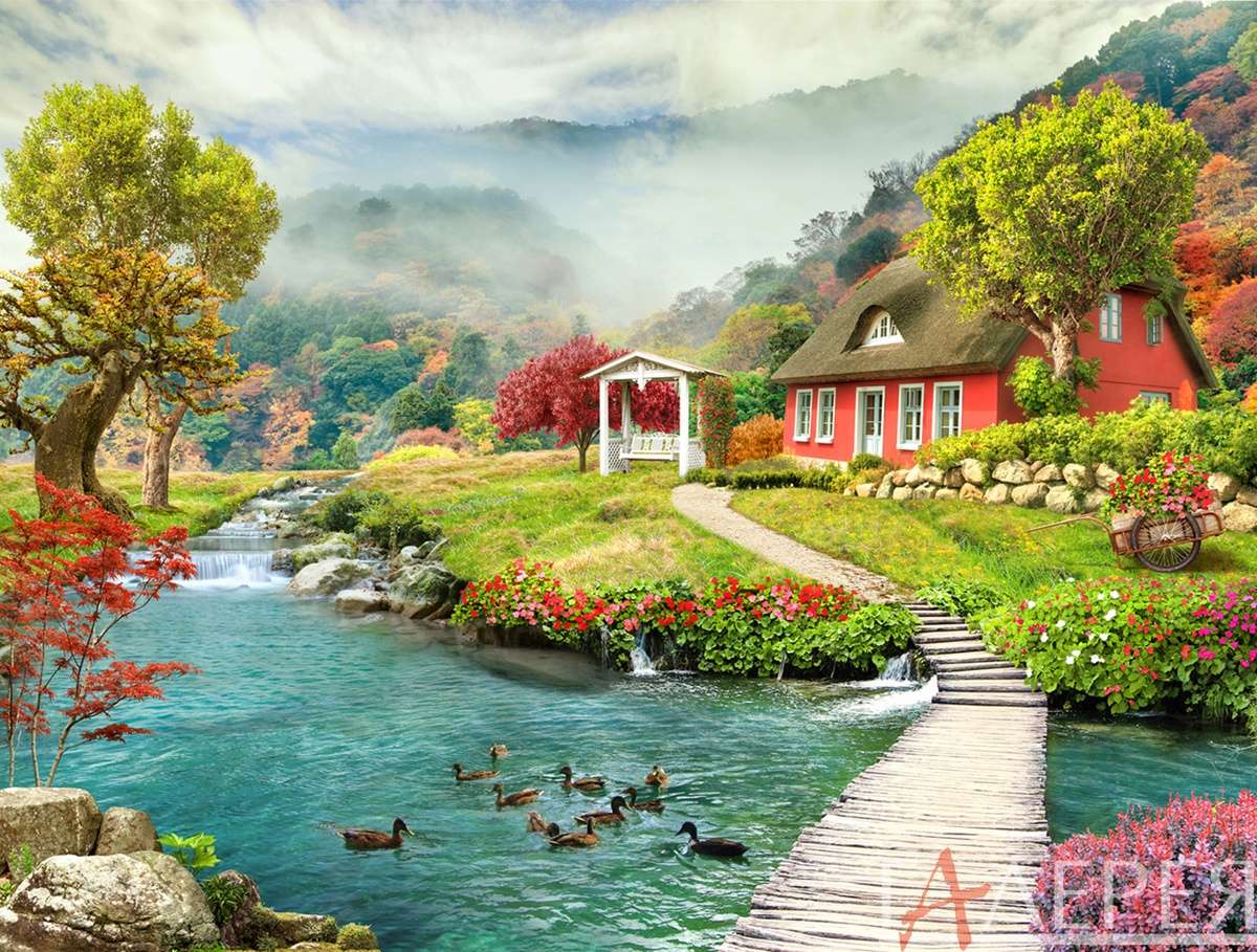 Природа, Пейзажи, река, дом, дом у реки, мост, водопад, утки, цветы, деревья