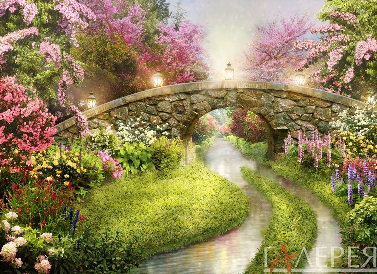 цветущие деревья, цветы, мост, мостик, фонари, фонарики, фонари на мосту, лес