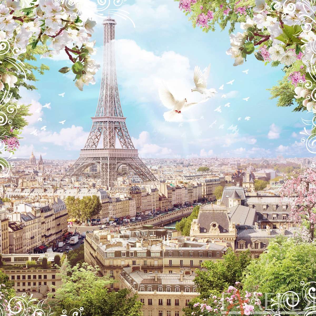 Париж, Эйфелева башня, голуби, яблоня в цвету, вид на город