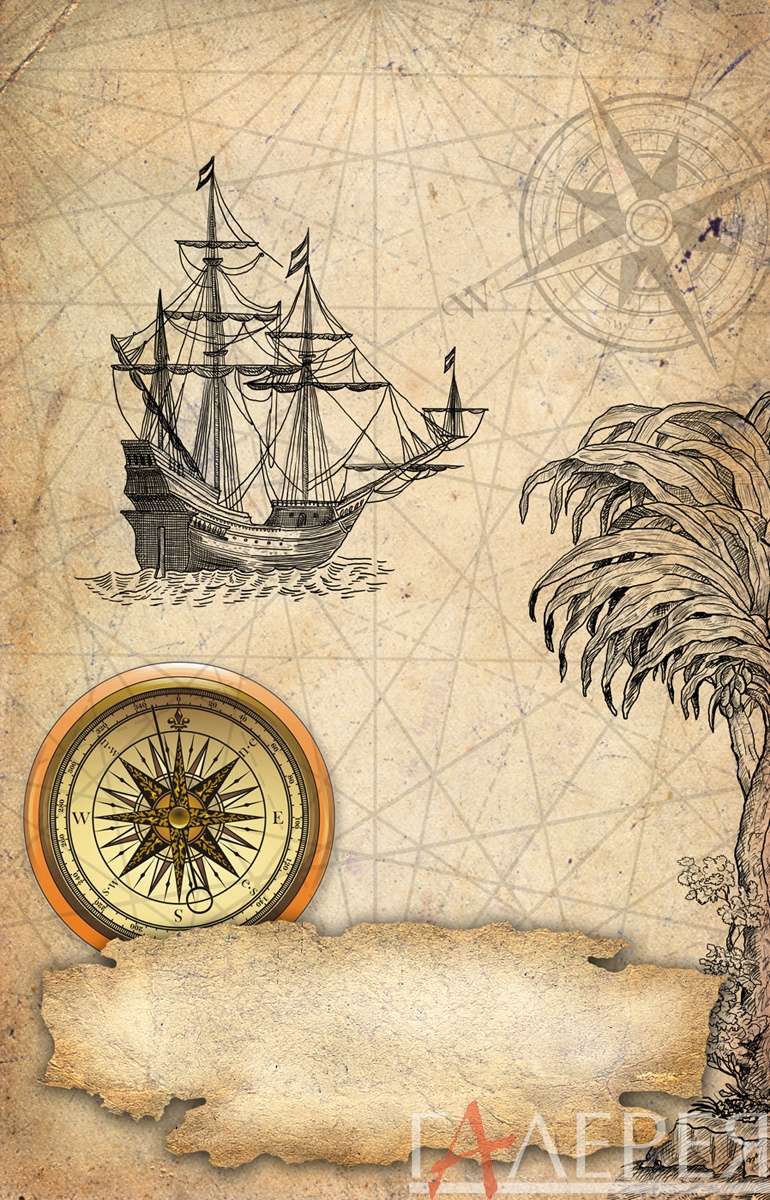 карты, компас, корабли, пальма