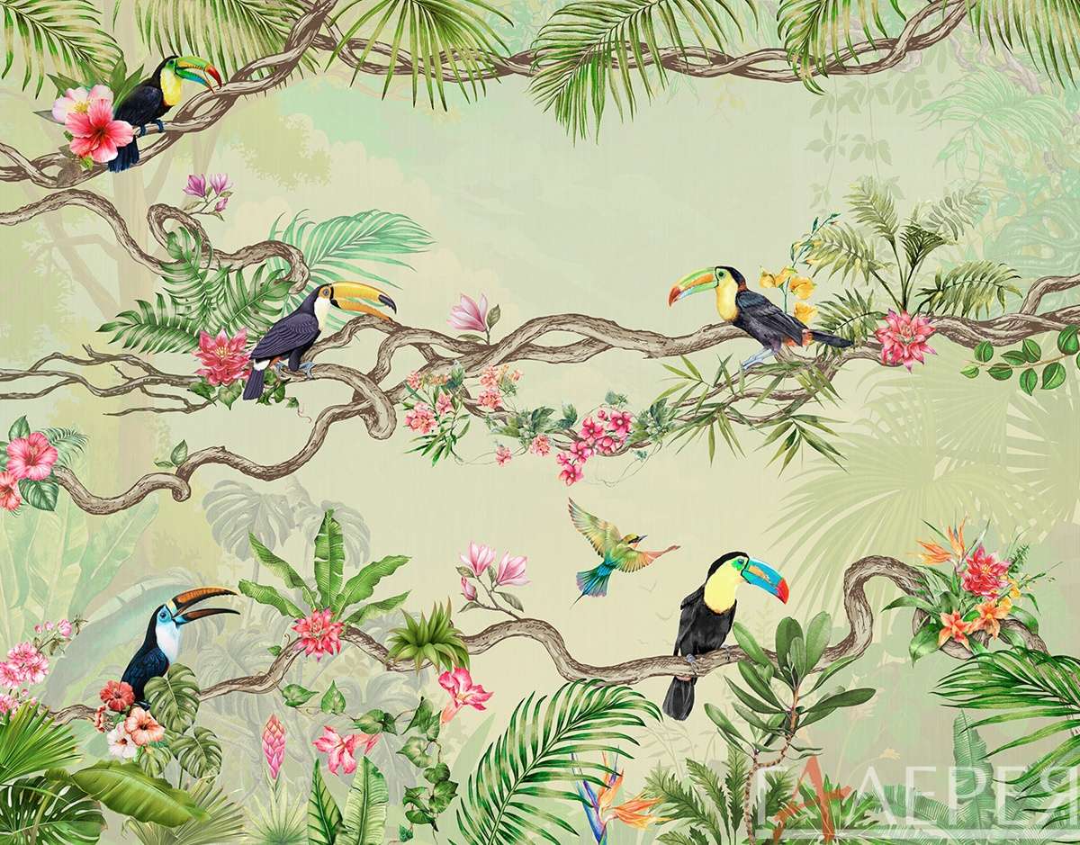 тропические птицы, тропические листья, лианы, попугаи, какаду, тропики, пальмовые листья