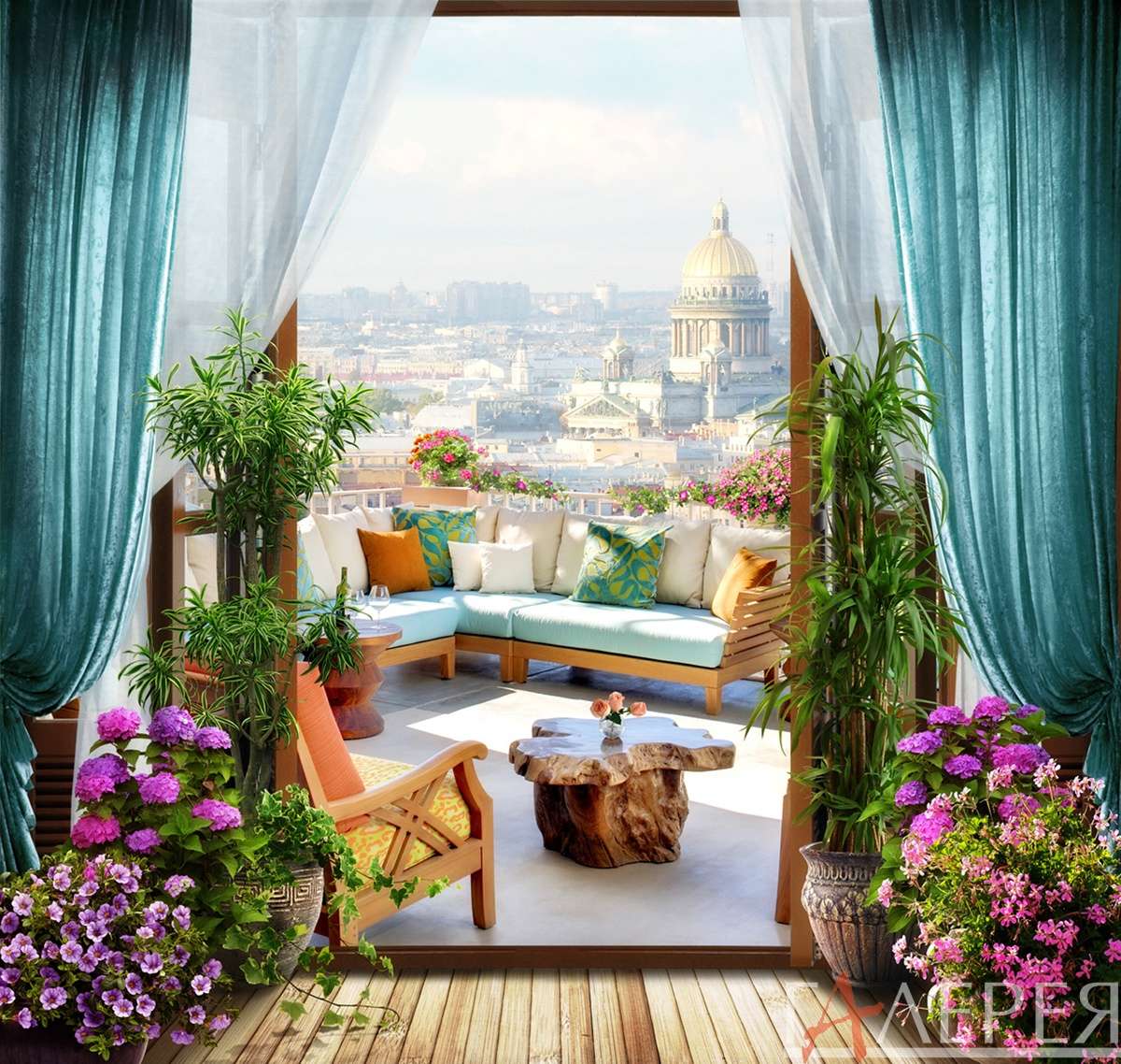 балкон, диван, отдых, город, цветы