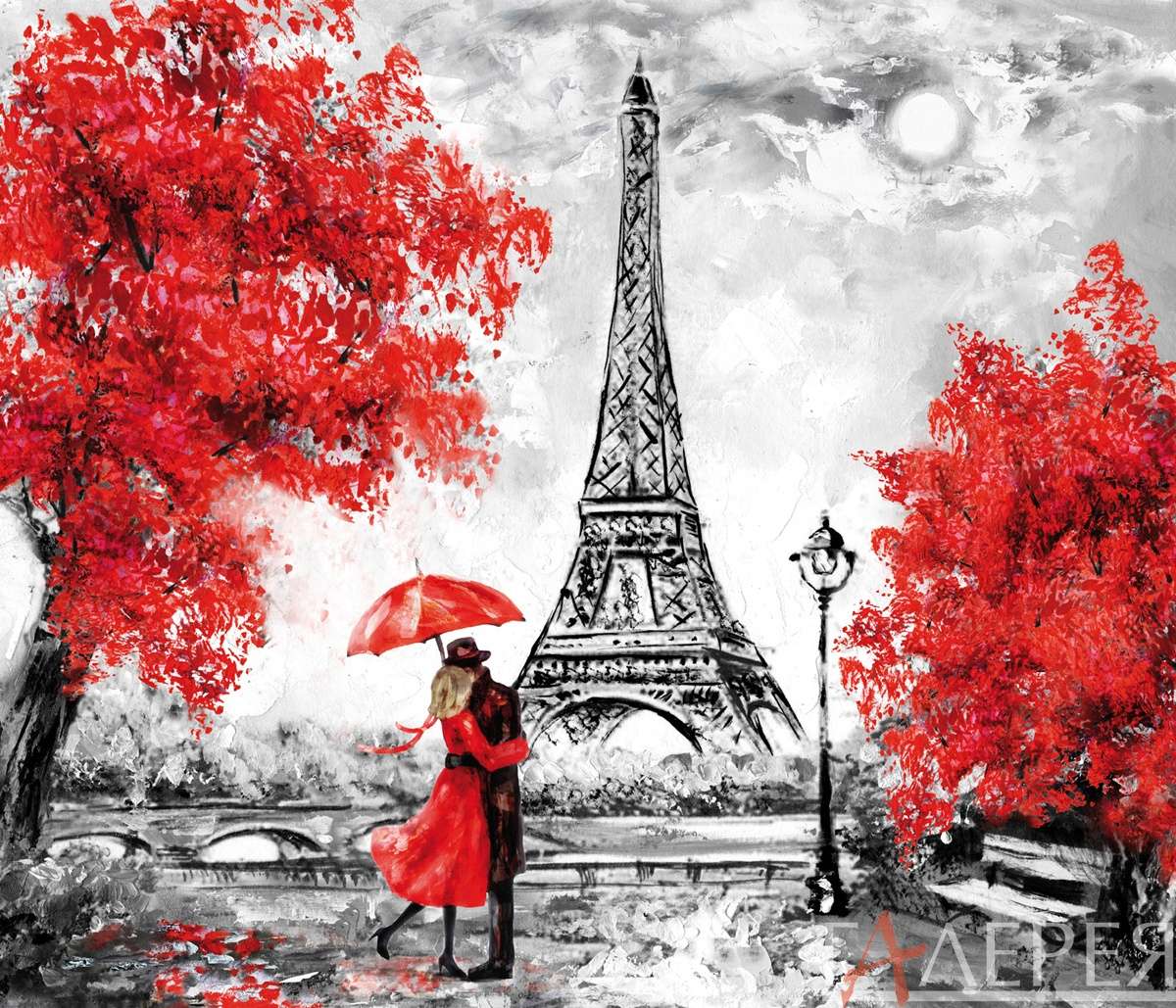 Городской пейзаж, Франция, Париж, Эйфелева Башня, свидание, парень и девушка, зонтик, деревья, парк, фонарь