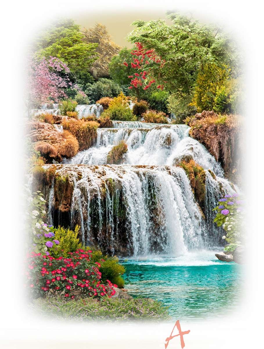 Природа Водопады, Водопад с цветами, размытый край