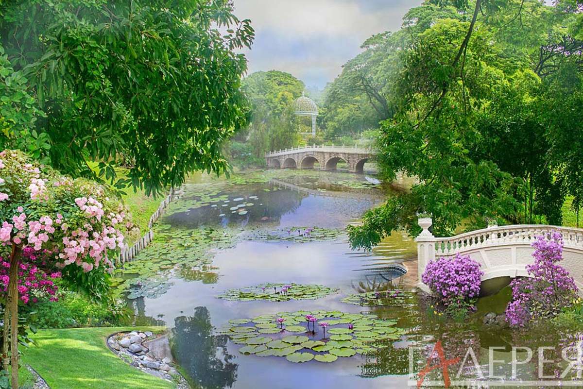 Фреска, парк, сад, пруд, мост, газебо, деревья, цветы, небо
