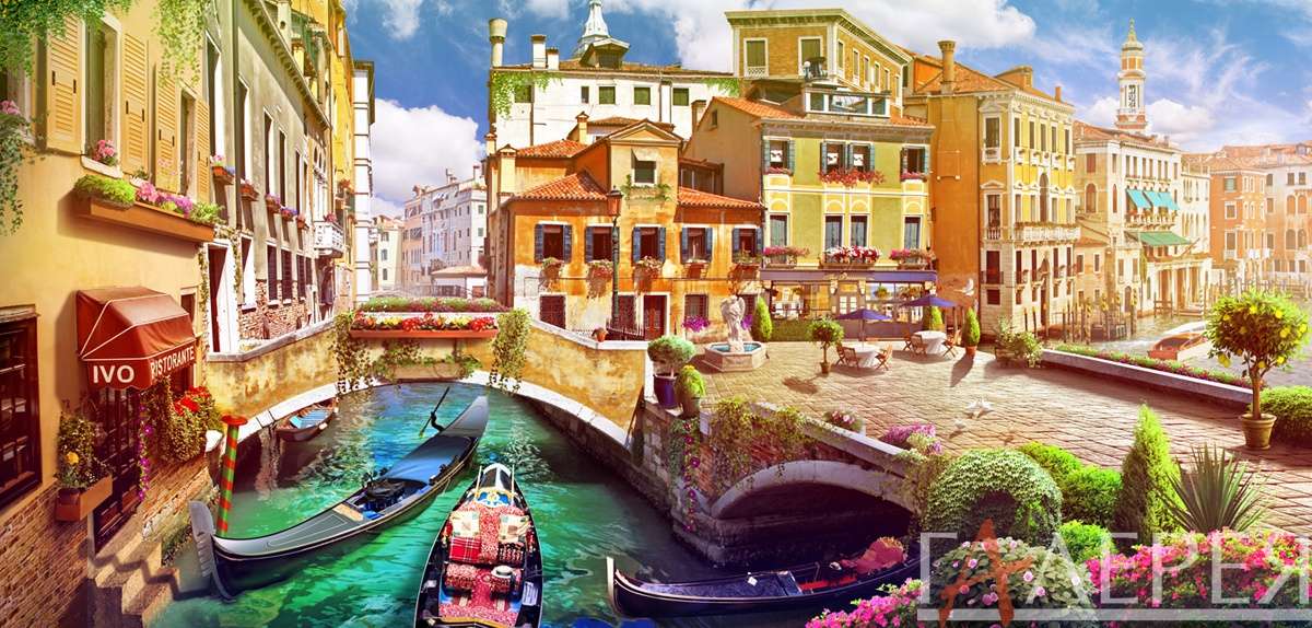 Венеция, гондола, канал, мост, набережная, городок, цветы, солнечный день