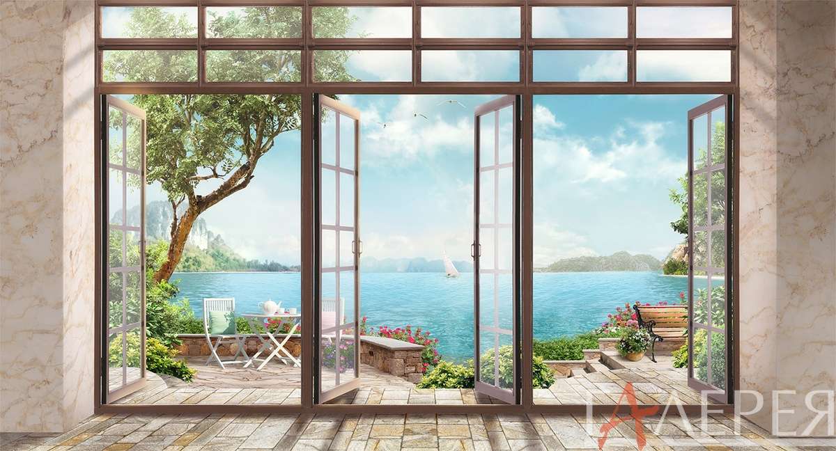 Окна, балкон, выход на балкон, вид на море, парусник, скамейка, столик
