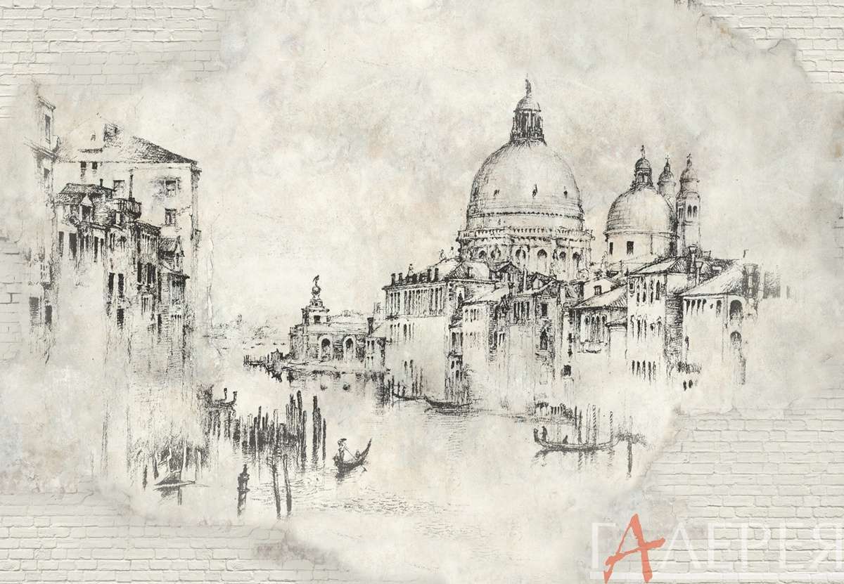 Италия, гондолы, графический рисунок, графика, город на стене, кирпичная стена