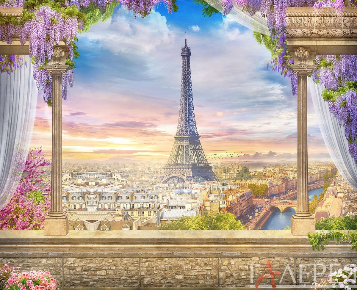 Париж, Эйфелева башня, глициния, вечер, закат, балкон, терраса, занавеска, юль, штора