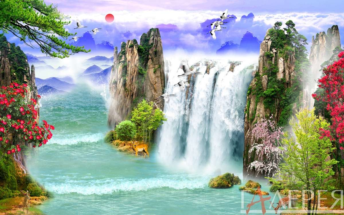 Природа Водопады, Водопад коллаж, скалы, Япония, аисты, олень, косуля, луна, солнце