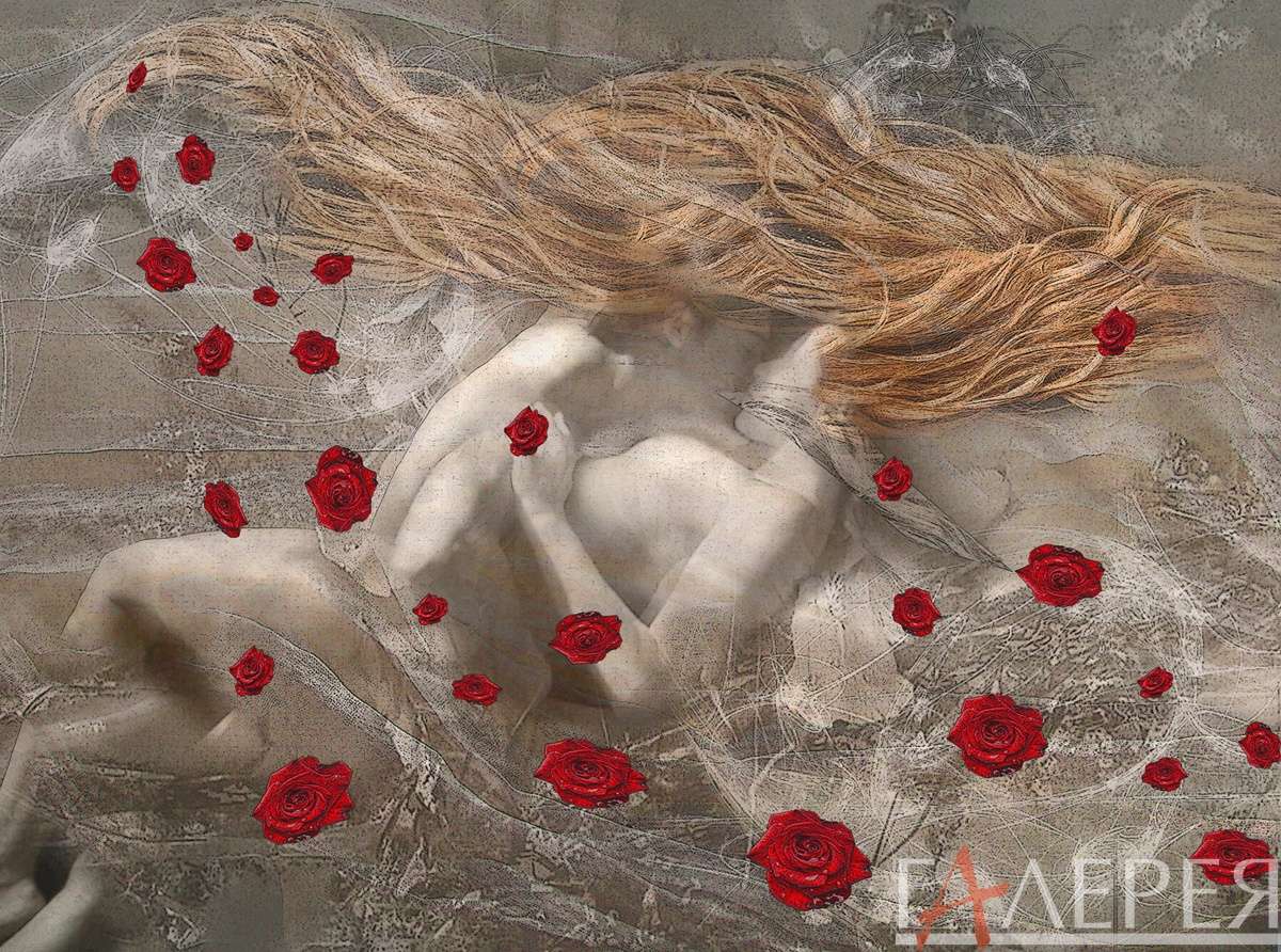 Поцелуй, муза, розы, фреска, волосы, любовь
