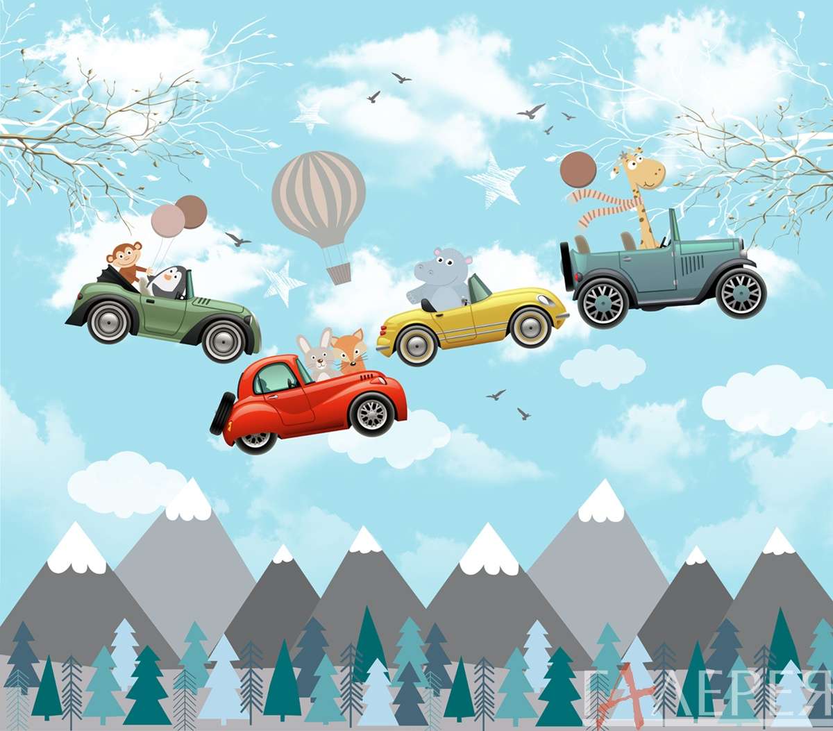 горы рисованные, воздушные шары, авто, машинки