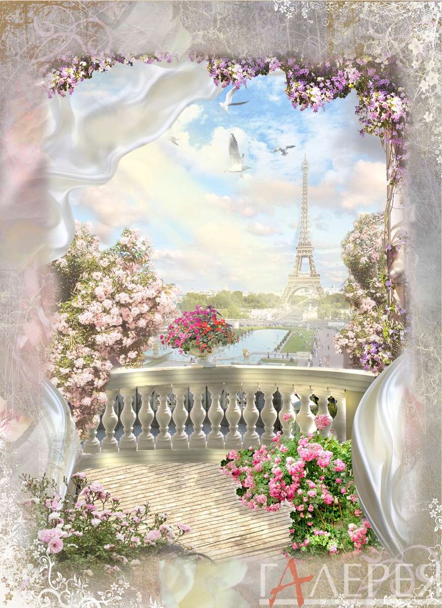 Париж, терраса, вид на город, Эйфелева башня, занавески, шторы, балкон