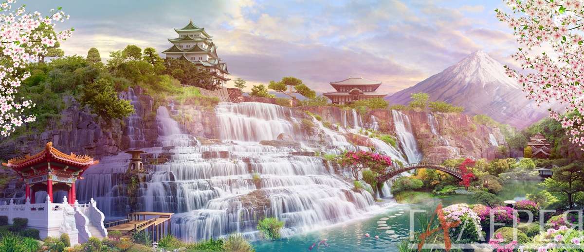 Города, Азия, Фудзияма, Япония, японский сад, сад камней, пагода, водопад, сакура, фреска