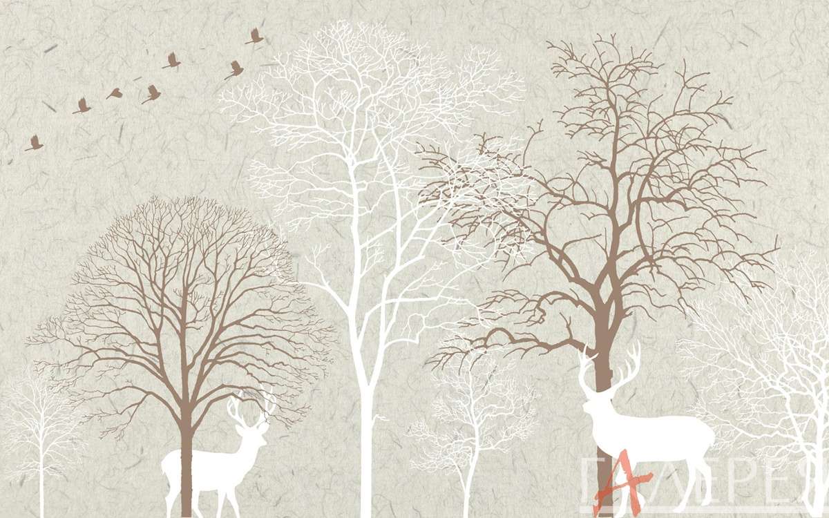 графический рисунок, деревья, олени