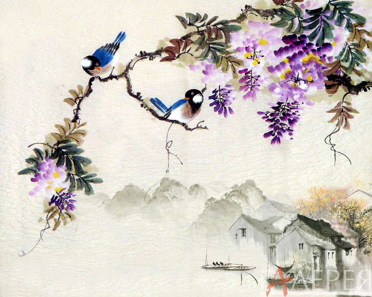 графический рисунок, шинуазри, глициния, птицы, Япония