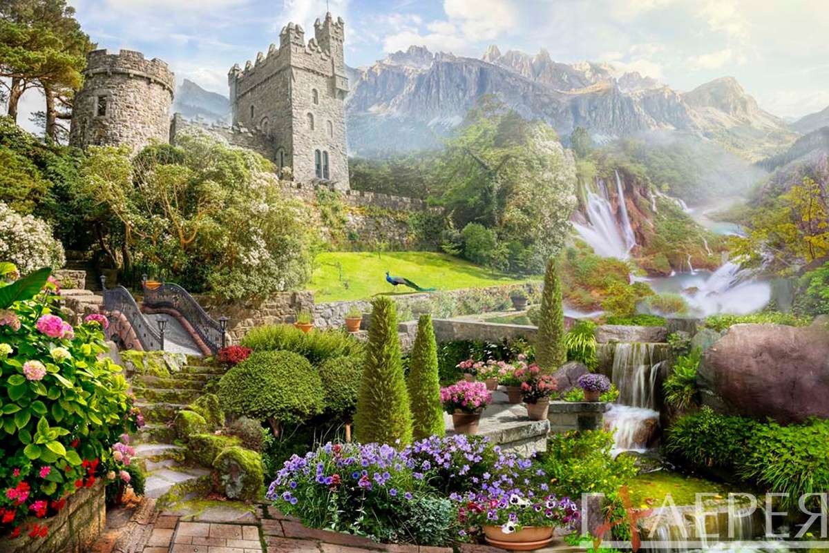 форт, замок, руины, мост, водопад, павлин, горы, цветы, клумбы