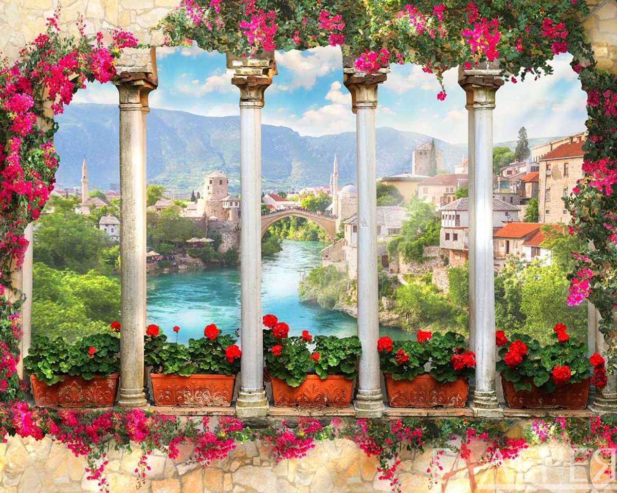 Фреска, архитектура, город, старый город, вода, море, колонны, мост, горы, цветы, розы